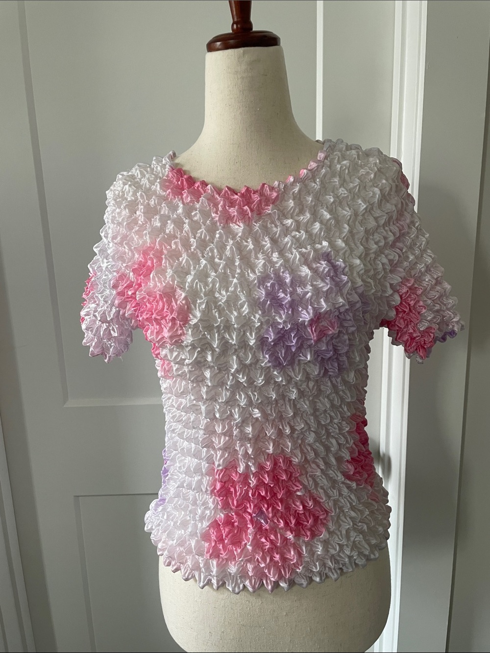 Vintage White Short Sleeve Top with Pink and Purple Accents